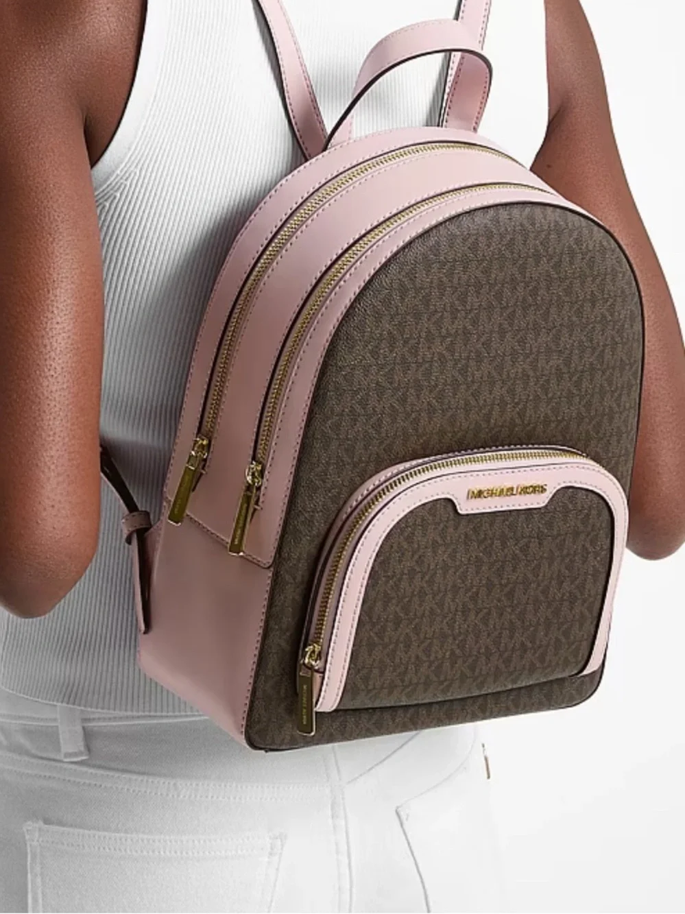 Michael Kors Jaycee Medium Zip Pocket Logo Backpack Powder Blush NWT